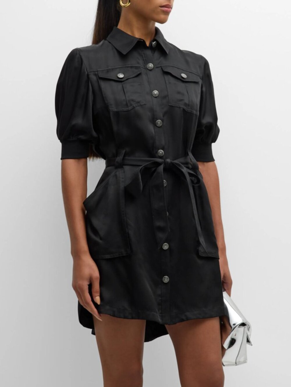 Cinq a Sept Damla Belted Puff Sleeve Button Down Mini Shirt Dress, Black, US 10